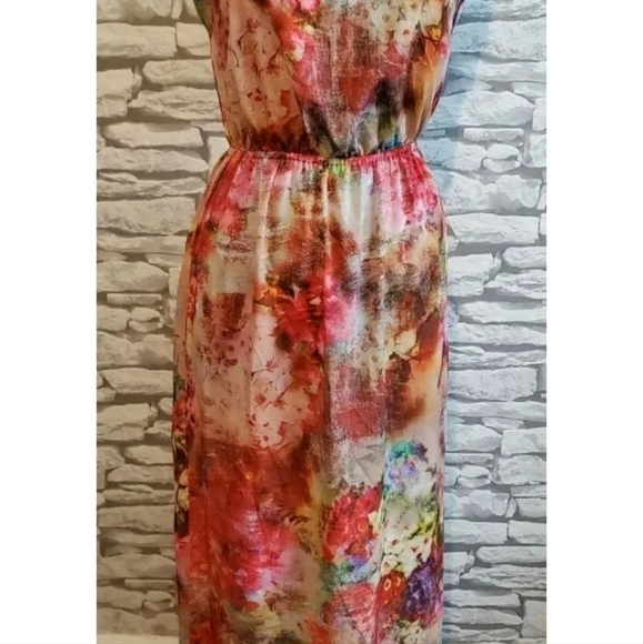 RIVER ISLAND watercolour Maxi Dress Womens Size 8 uk high side split sleeveless - Picture 5 of 8
